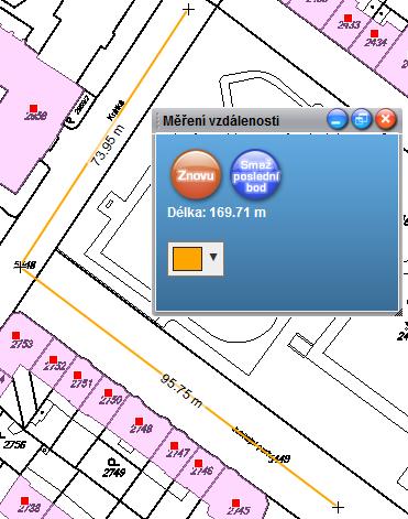Měření vzdálenosti se provádí postupným klikáním do mapy. Vzdálenost je možno změřit jak mezi dvěma body, tak i pro délku trasy s více označenými body na této trase.