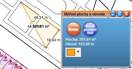 se jeho plocha a obvod. Tlačítkem Znovu se ruší celý měřený n-úhelník, tlačítkem Smaž poslední bod se ruší poslední označený bod n-úhelníku.