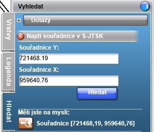 Vyhledávání místa pomocí souřadnic Kliknutím na možnost Najdi souřadnice v S-JTSK se rozbalí formulář pro vyhledání bodu.