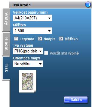 1.3.6.6. Tisk Kliknutím na záložku Tisk v pravé části mapového okna se rozbalí průvodce tiskem mapového výřezu.