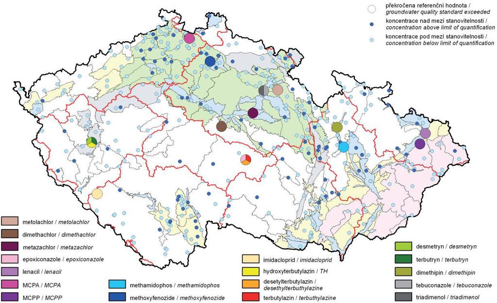 Název Využití Množství nadlimitních vzork [%] metazachlor OA herbicid 4,1 metolachlor OA herbicid 3,3 acetochlor OA herbicid 2,6 atrazin herbicid 0,9 hydroxyatrazin metabolit atrazinu 3,0