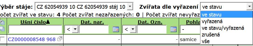 4. Tlačítka pro další situace, které je nutné hlásit do ÚE (kastrace, zmetání, mrtvě narozené, zařazení a vyřazení z dojného systému) a tlačítka k změně údajů o zvířeti 5.