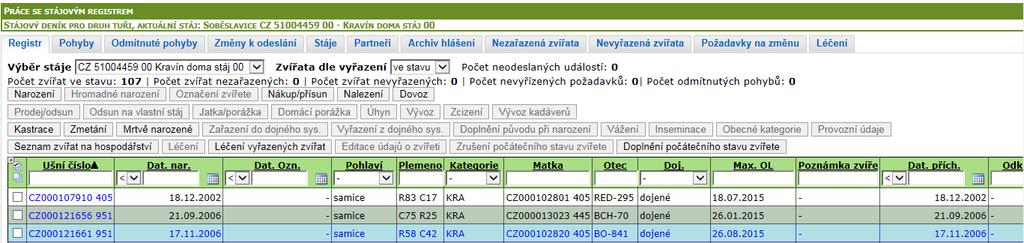 Hl. záložka pro vedení registru Zde sleduji stav odeslaných pohybů Zde jsou pohyby připravené k odeslání Přehled odeslaných hlášení Zvířata s neohlášeným přísunem a odsunem Požadavky na uvedení