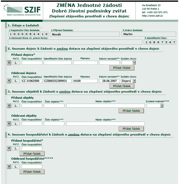 Příklad změny jednotné žádosti - stažení dojnice 7.5.