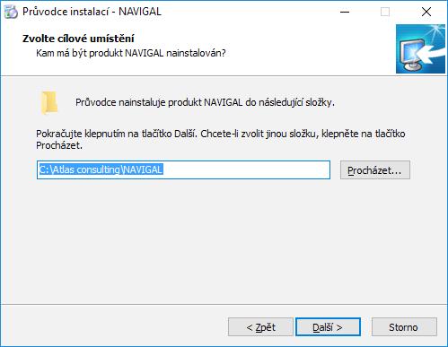Výběr cílové složky Další krok instalace produktu NAVIGAL s sebou přináší volbu složky, kam bude program nainstalován. Standardně je instalačním programem nabízena cesta C:\ATLAS consulting\navigal.