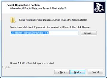 Umístění instalace Firebird V tomto kroku instalace Firebird si můžete zvolit, kde se vytvoří složka databázové podpory.
