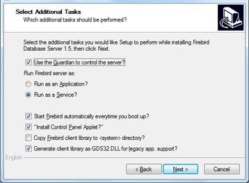 Výběr instalovaných doplňků V posledním kroku instalace databázové podpory Firebird si můžete zvolit, zda spustit Firebird server jako službu nebo aplikaci, nebo zda budete chtít spouštět Firebird