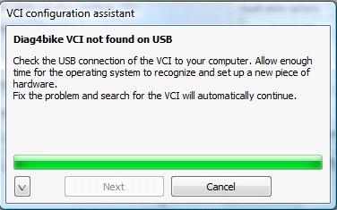 Po stisku tlačítka NEXT (viz Obr. 16) se již spustí vlastní kontrola a konfigurace VCI, případně se začne vyhledávat požadované zařízeni (viz Obr. 17). Pokud nebude VCI nalezeno (viz Obr.