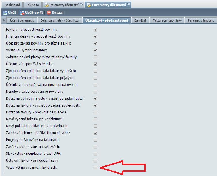Parametry účetnictví Přidána možnost zapnout vstup variabilní symbol na účtování faktur vydaných.