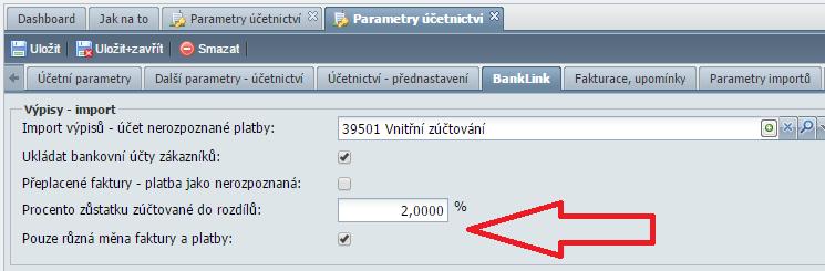 Pokud zůstatek po zaplacení faktury je nižší než nastavené procento, je automaticky tento zůstatek zaúčtován jako