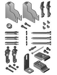 Sadu tvoří: 2 hmoždinky 10x60, 2 šrouby Ø 13 x 8, 2 podložky Ø 8,4, 2 stěnové konzoly, 4 tlumiče hluku, 2 pojistky proti vytažení, 1 hmoždinka Ø 6, 1 šroub 4 x 60, 1 opěra o stěnu se zachycovacími