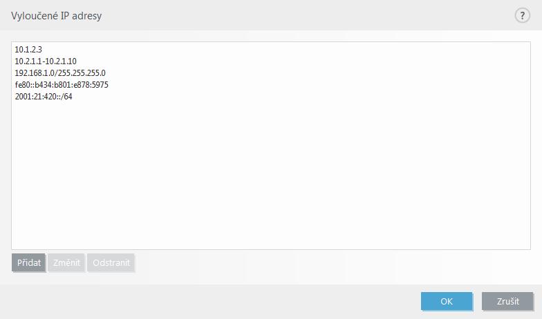 4.2.3.3 Vyloučené IP adresy IP adresy uvedené v tomto seznamu budou vyloučeny z filtrování protokolů.