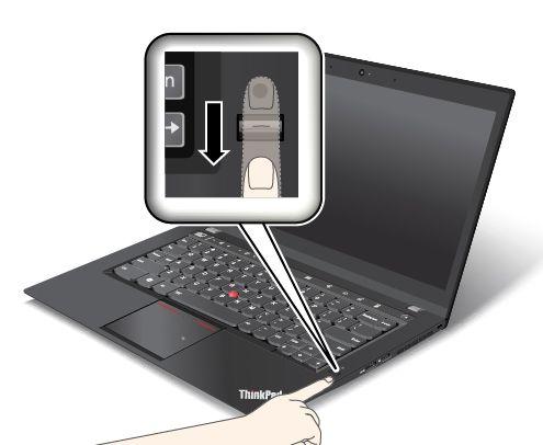 2. Lehce zatlačte prstem na snímač a prst přes něj jedním plynulým pohybem přetáhněte směrem k sobě. Při přetahování prst nezvedejte.