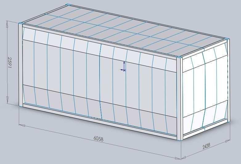 Model kontejneru je vytvořen v programu Solidworks. Zvolená geometrie kontejneru je symetrická vzhledem k podélné i příčné ose, stejně jako uvažované zatížení.