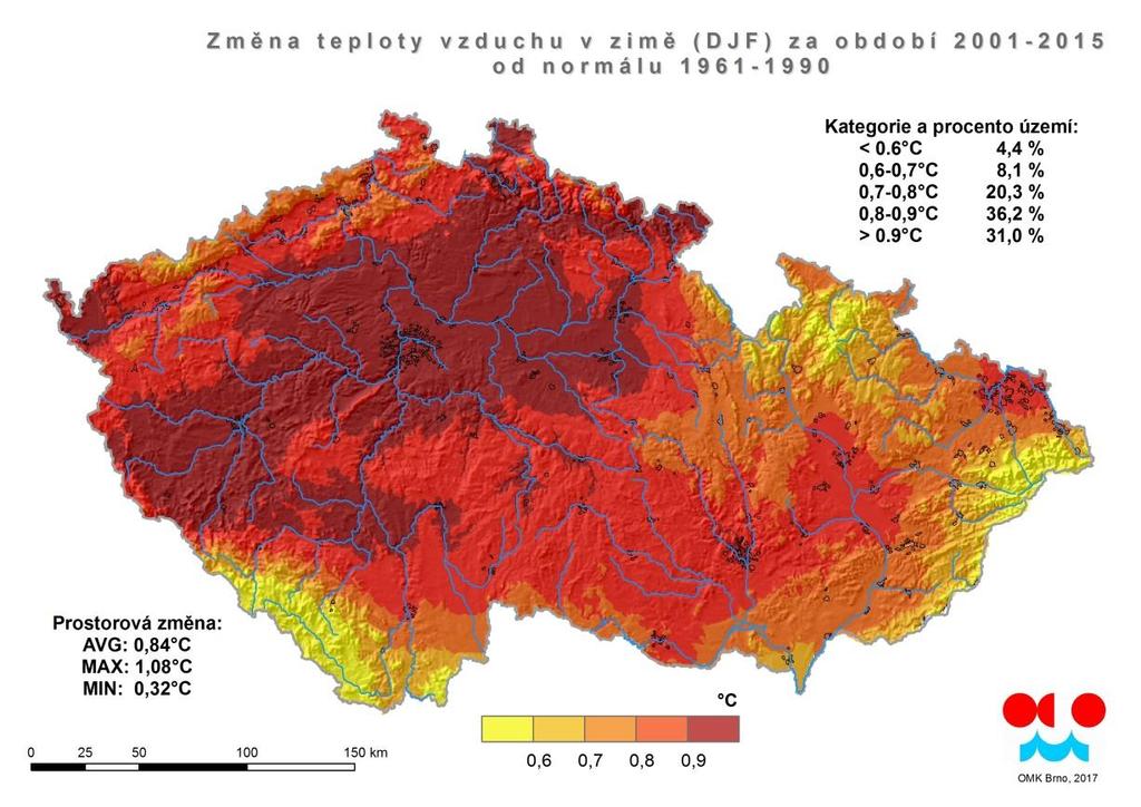 Tab. 1. Lineární trend průměrné teploty vzduchu ( C/1 rok) v období 1961-2015 (tučně statisticky významné). X XI XII I II III IV XII-II X-III I-XII ČR 0.008 0.029 0.040 0.050 0.018 0.031 0.035 0.