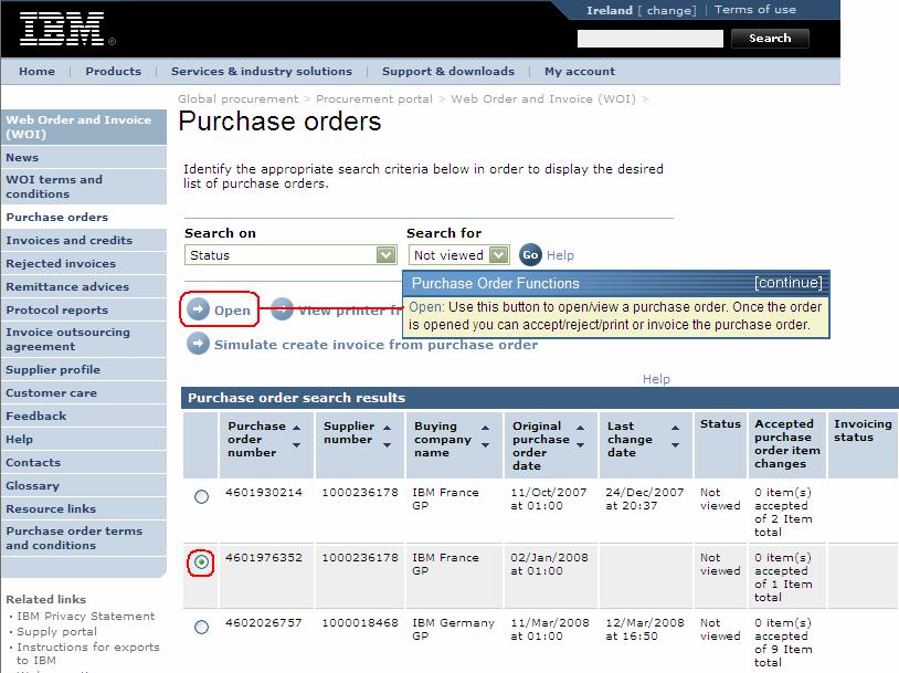 FUNKCE NÁKUPNÍ OBJEDNÁVKY Kupující strana (společnost IBM) bude dodavateli odesílat nákupní objednávky prostřednictvím aplikace WOI.