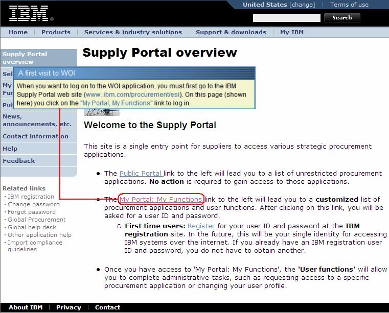 Chcete-li se přihlásit k aplikaci WOI, je třeba přejít nejprve na web s hlavním portálem IBM Supply Portal (www.ibm.