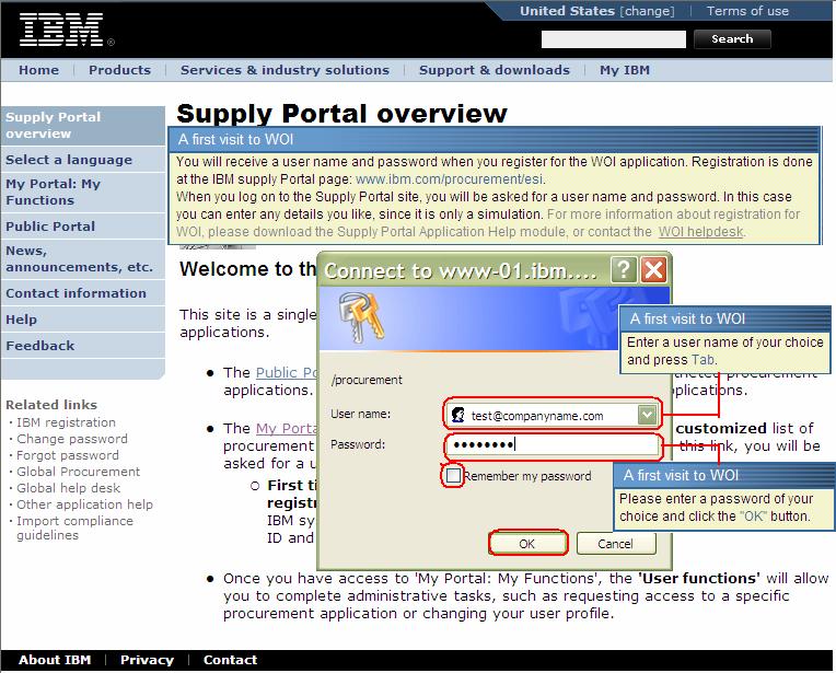 První použití aplikace WOI Při registraci pro aplikaci WOI obdržíte jméno uživatele a heslo. Registrace je prováděna na stránce hlavního portálu IBM Supply Portal: www.ibm.