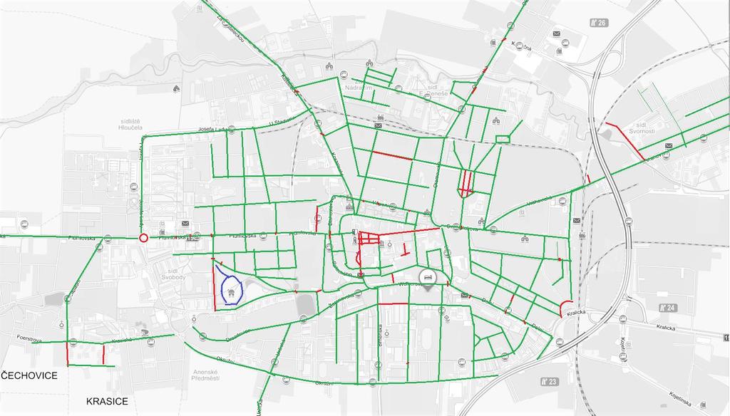 2.2 Mapa osvětlení Jedním z mých cílů při psaní této práce bylo vytvoření tematické mapy statutárního města Prostějova a jeho okolí, ze které lze vyčíst, která místa zmiňovaného prostoru jsou