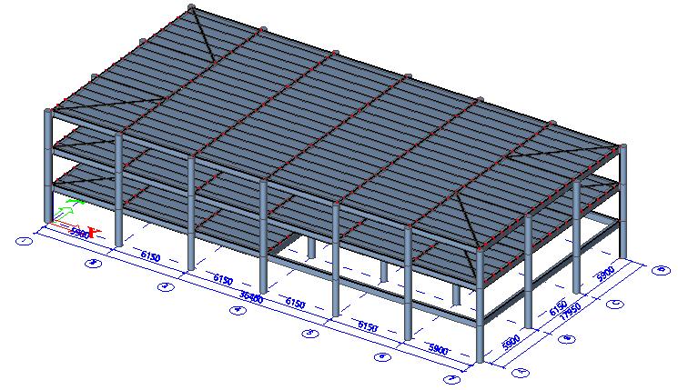 5 Statický výpočet Jedná se o třípodlažní železobetonový skelet s plochou střechou o šesti podélných a třech příčných polích s osovými vzdálenostmi 6150 mm.