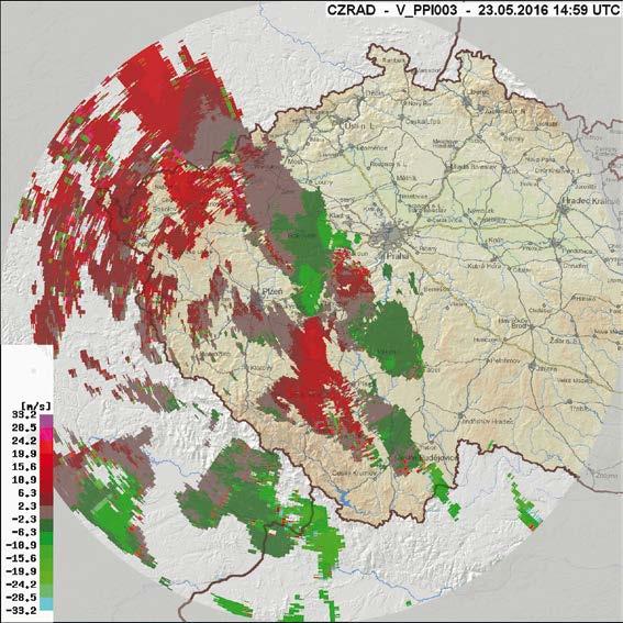 a) b) c) Ukázka radarových dat měřených novými polarimetrickými radary sítě CZRAD: (a) radiolokační odrazivost, (b), radiální