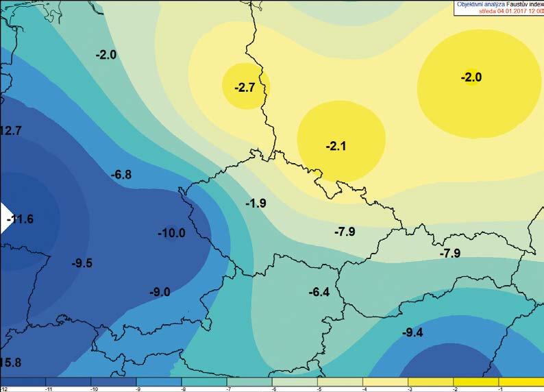 Objektivní analýza Faustova indexu, který se tradičně používá pro předpovědi bouřek; je vytvářena v prostředí Visual Weather.