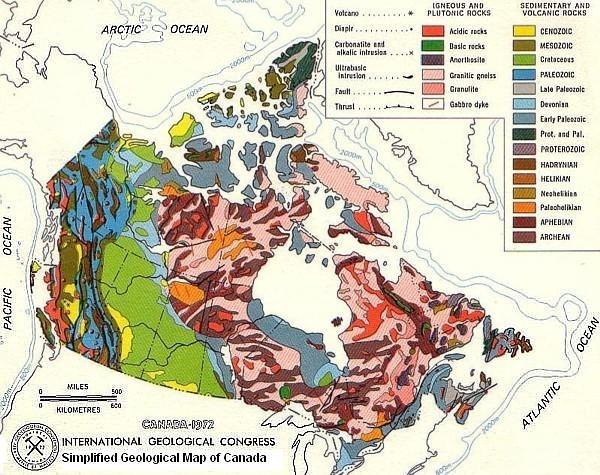 2. 2. 2 Geologická stavba- kanadský štít Obr. 2: Geologická mapa Kanady (internet- 5) Severoamerický kontinent spolu s Grónskem jsou součástí severoamerických litosférických desek (Obr. 2).