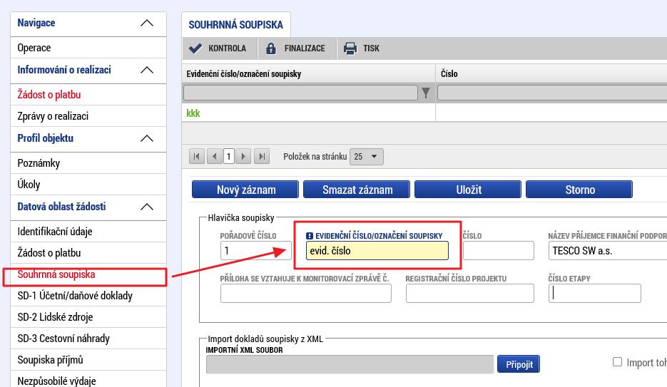 Načtení dat na souhrnnou soupisku z dokumentu *.xml: 2.