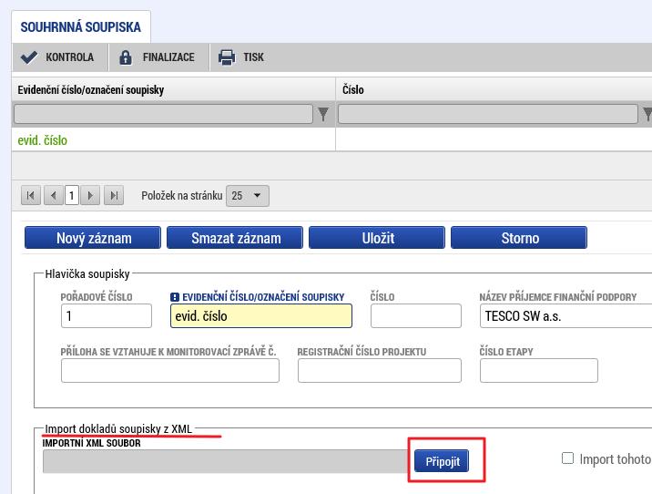 soupisky z XML klikne na tlačítko Připojit a vybere daný *.XML soubor.