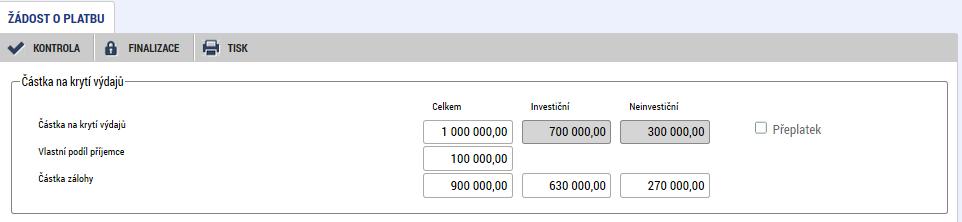 Pokud uživatel spolu s předloženým vyúčtováním způsobilých výdajů (případně i nezpůsobilých výdajů dle metodiky ŘO) v dané žádosti o platbu