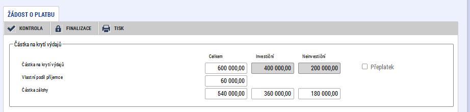 Po vyplnění Částky na krytí výdajů investiční a Částky na krytí výdajů neinvestiční se tedy dle výše uvedeného