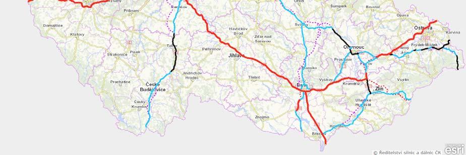 jsou využívány stejným způsobem), které tvoří kostru silniční sítě ČR (viz Obrázek 5). Obrázek 5 Mapa sítě TEN T v ČR, stav k 1. 7. 2016 (zdroj: ŘSD, https://geoportal.rsd.