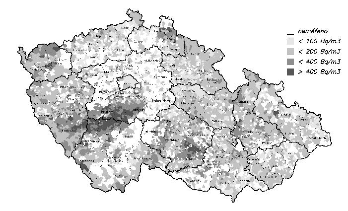 Strana 72 Zpráva o radiační situaci na území České republiky v roce 2004 Obrázek 18a Mapa hustoty provedených měření v jednotlivých obcích republiky (% změřených budov v