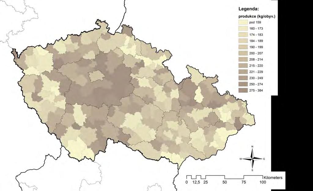 Obrázek č. 3: Předpokládaná měrná produkce SKO v ČR v roce 2020 Zdroj: VUT v Brně Graf č. 15 je znázorněna produkce SKO v ČR (ze systému obce) a její výhled do roku 2024 z pohledu analýzy trendu.