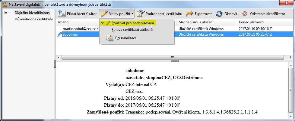 Import certifikátu do Adobe Reader: Úpravy Předvolby Podpisy Identity a