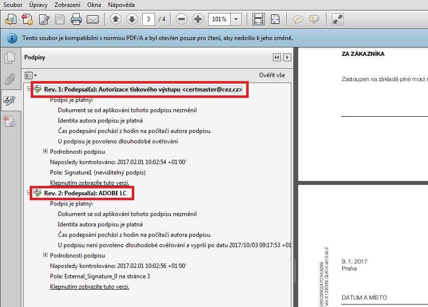 Následně provedete kontrolu elektronického podpisu kliknutím na ikonu v levém menu a ověříte platnost obou podpisů, žádný z nich nesmí být označen červeným