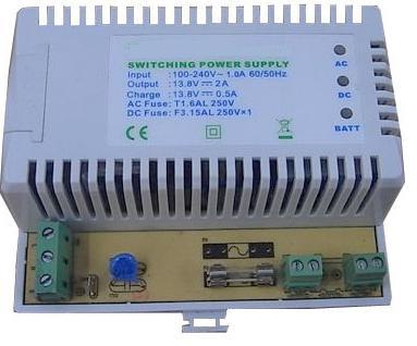 manuál 3. PS-DIN-13V2A18Ah Pomocný zálohovaný zdroj na DIN lištu s výstupem 13,8V/2A s možností připojení záložního akumulátoru. připojeného AC, dobíjení AKU a výstupu DC.