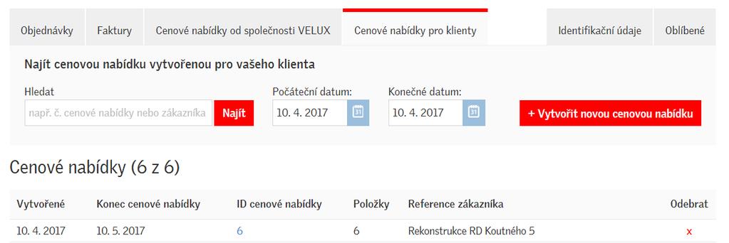 Vytvoření klientské cenové nabídky ze stávající cenové nabídky Pro zobrazení cenové nabídky klikněte na její číslo