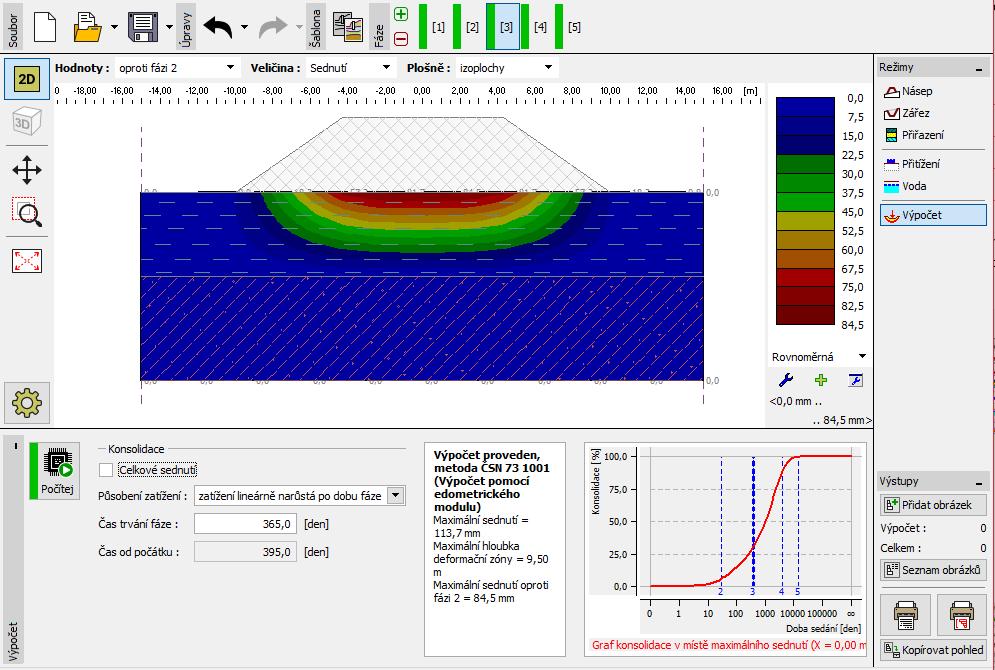 Výsledky výpočtu Po výpočtu celkového sedání můžeme sledovat dílčí hodnoty konsolidace pod středem násypu.
