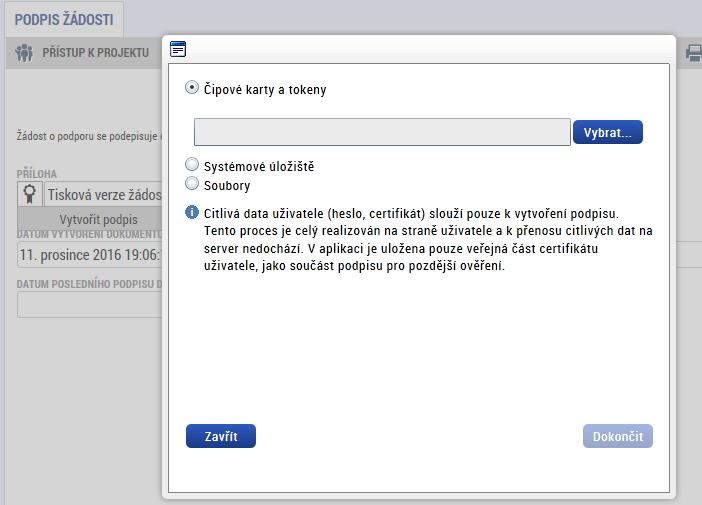 Snímek obrazovky se zobrazením dialogových oken relevantních během podepisování žádosti o podporu Výběr certifikátu pro podpis Po zvolení certifikátu (soubor s koncovkou.