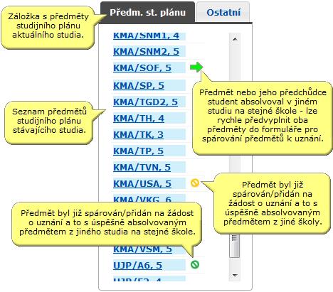 1. Zvolení předmětu stávajícího studia k uznání Výběr předmětu stávajícího studia se provádí v seznamu předmětů v levé části obrazovky. Předm. st. plánu.