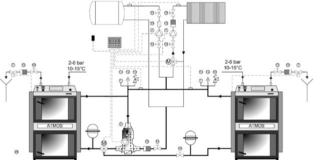 26. Zapojení dvou kotlů s Laddomatem 21/22 pro ochranu zpátečky u obou kotlů, jedním topným okruhem, ohřevem TUV v komb. bojleru, uzavřená exp. nádoba - elektronická regul.