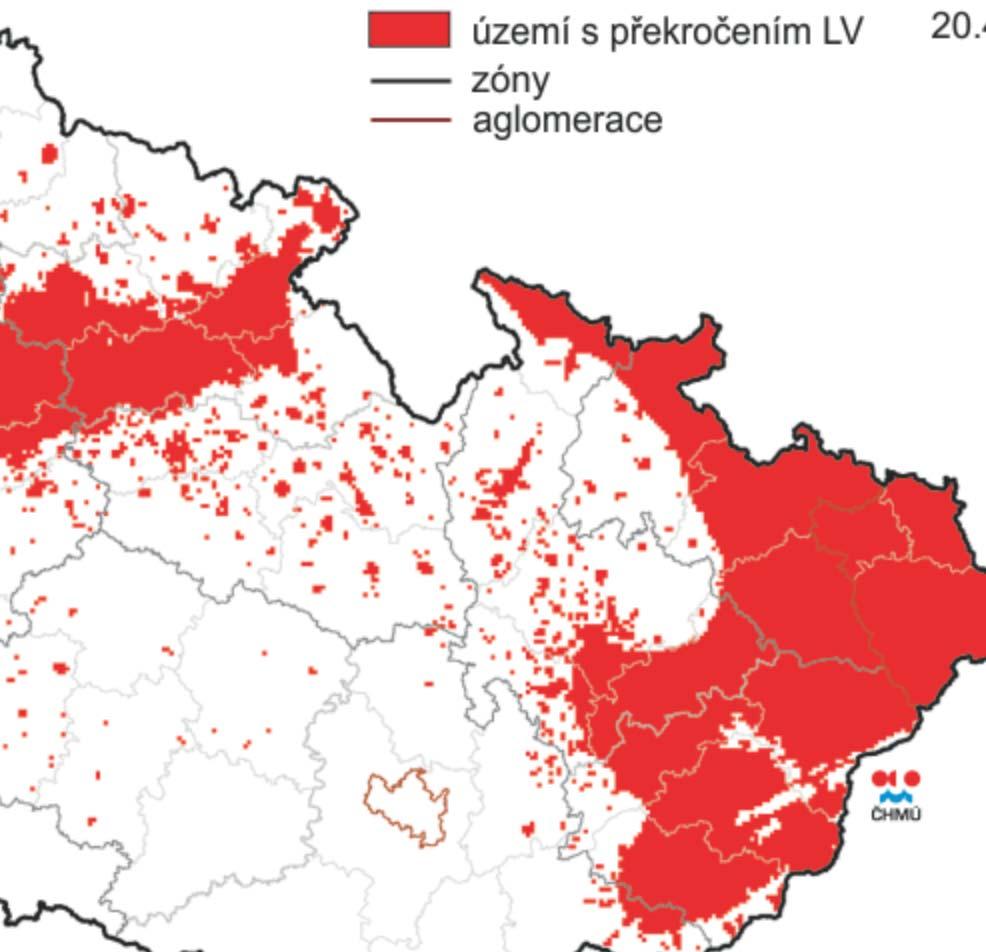 4 % zóny aglomerace V Kraji Vysočina došlo v roce 2015 k překročení imisního limitu pro benzo(a)pyren, vyjádřeného jako celkový obsah znečišťující látky v částicích PM10, a to na území těchto obcí s
