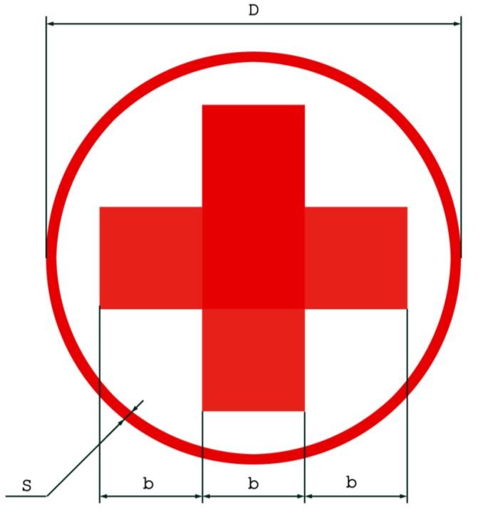 OBRÁZEK 2 Tvar znaku červeného kříže TABULKA 2 Rozměry znaku Průměr kružnice ohraničující znak Rozměry kříže Tloušťka kružnice ohraničující znak D [mm] mezní odchylka [mm] b [mm] mezní odchylka [mm]