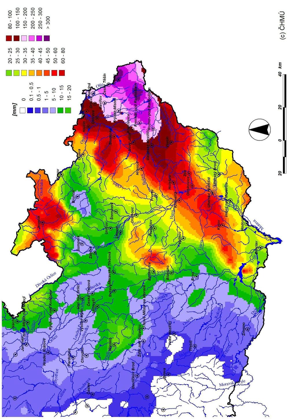 dnech začaly stoupat Lubina, Odra v Bohumíně, Vidnávka, Moravská Sázava, Třebůvka,