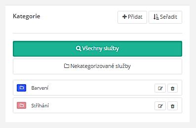 7. SLUŽBY V sekci Služby naleznete kompletní správu všech položek a kategorií služeb. 7.1. Kategorie služeb Pro lepší přehlednost a snadnější vyhledávání, můžete služby řadit do kategorií.