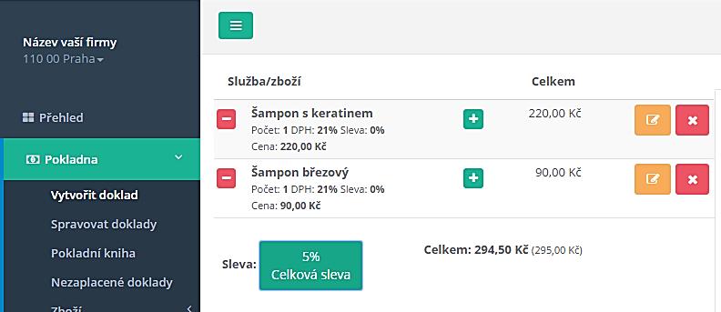 2.3. Poskytování slev Při vystavování dokladu můžete aplikovat slevu, a to buď: pouze na konkrétní položku na celou částku dokladu Sleva na konkrétní položku Slevu na konkrétní položku nastavíte ve