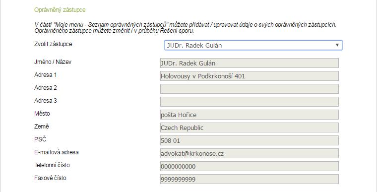 2. Údaje o oprávněném zástupci Pokud si přejete, aby vás v daném řešení sporu zastupoval oprávněný zástupce, zvolte oprávněného zástupce z rolovací nabídky.