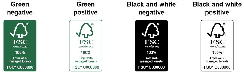 FSC štítky na výrobku a FSC logo FSC štítky na výrobku a FSC logo musí být použity v těchto barevných obměnách: V případě zelené barvy musí být použita Pantone 626C (or R0 G92 B66 / C81 M33 Y78 K28).