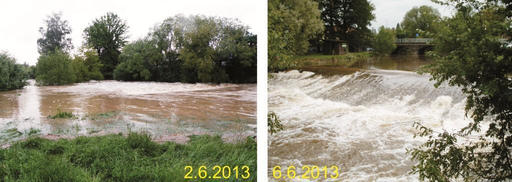 Obr. 28: Situace na jezu v Sedlčanech během povodně 2013 Zdroj: vlastní foto (2. 6. 2013, 6. 6. 2013) Při kontrole toků v povodí pár dní po kulminaci byly zjištěny značné nedostatky v údržbě říční sítě v povodí.